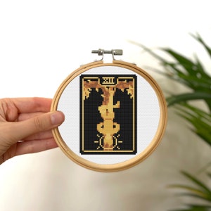 The Hanged Man Tiny Cross Stitch Tarot Card , Mini Golden Tarot Card Stitch , Small Easy Stitch Pattern , Gold Tarot Card Pattern