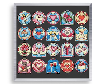 20 Tiny Cross Stitch Stained Glass Valentines Day Set , Mini Cross Stitch Love , Small Easy Heart Stitch Pattern , Teddy Bear Cross Stitch