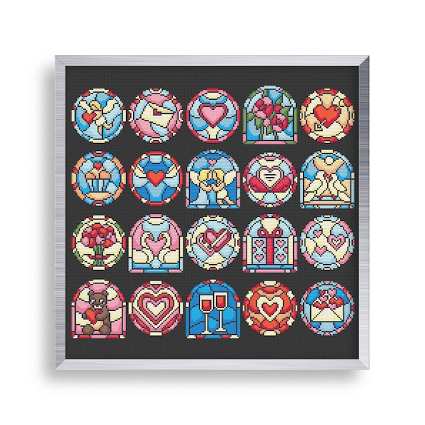 20 Tiny Cross Stitch Stained Glass Valentines Day Set , Mini Cross Stitch Love , Small Easy Heart Stitch Pattern , Teddy Bear Cross Stitch