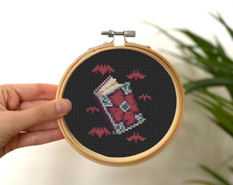 Tiny Cross Stitch Vampires Magic Book , Mini Cross Stitch RPG , Small Easy Game Stitch Pattern , Halloween Goth Bats Cross Stitch