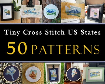 50 Tiny USA State Cross Stitch Pattern Set , Mini Cross Stitch California Florida Bundle , Small American Hawaii Texas Washington X Stitch