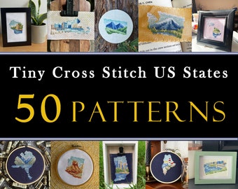 May include: A collage of 50 cross stitch patterns of US states, each framed in a different color and style. The title "Tiny Cross Stitch US States 50 PATTERNS" is displayed in large yellow letters.