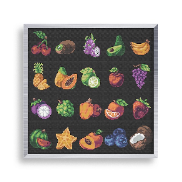 20 Tiny Cross Stitch Fruits Sampler , Mini Cross Stitch Pineapple Set , Small Easy Apple Pattern , Simple Grapes Banana Kiwi Pattern