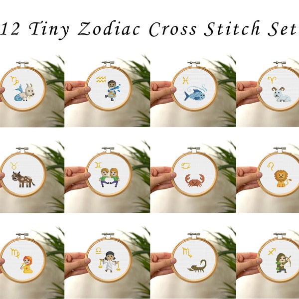 12 Tiny Cross Stitch Zodiac Signs, Mini Cross Stitch Leo, Small Easy Virgo Cancer Pattern , Capricorn Libra Aries Simple Cross Stitch