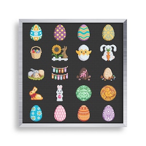 May include: A black and white framed image with 16 colourful pixelated Easter themed illustrations. The illustrations include bunnies, chicks, eggs, baskets, and a banner that says "Happy Easter".