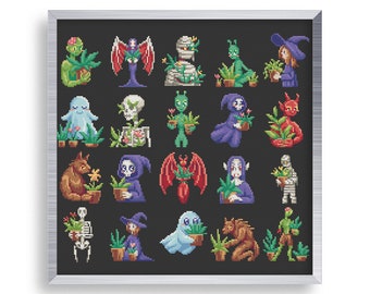 20 Monsters With Plants Cross Stitch Mini Pattern Set , Tiny Cross Stitch Cute Werewolf Halloween , Small Funny Grim Reaper Vampire Witch