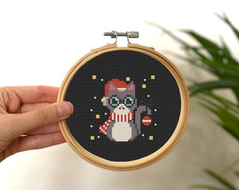 Weihnachten Katze Kreuzstich Mini Muster , Winzige Kreuzstich Mit Brille , Kleines Ornament Stichmuster , Einfache Tier Kreuzstich Tag