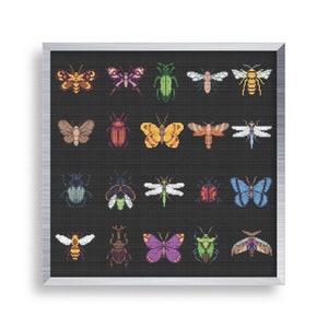 May include: A black framed cross-stitch design featuring 20 different insects and butterflies, including a dragonfly, a ladybug, a bee, and a butterfly. The insects are all in a pixelated style and are arranged in a grid pattern.