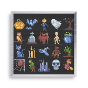20 Tiny Cross Stitch Halloween Tags Set , Mini Cross Stitch Witch Bundle , Small Easy Cute Spider Stitch Pattern , Zombie Cross Stitch