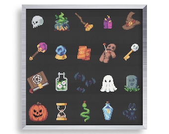 20 Tiny Cross Stitch Witch Magic Set , Mini Cross Stitch Voodoo Doll , Small Easy Skull Stitch Pattern , Goth Ghost Cross Stitch