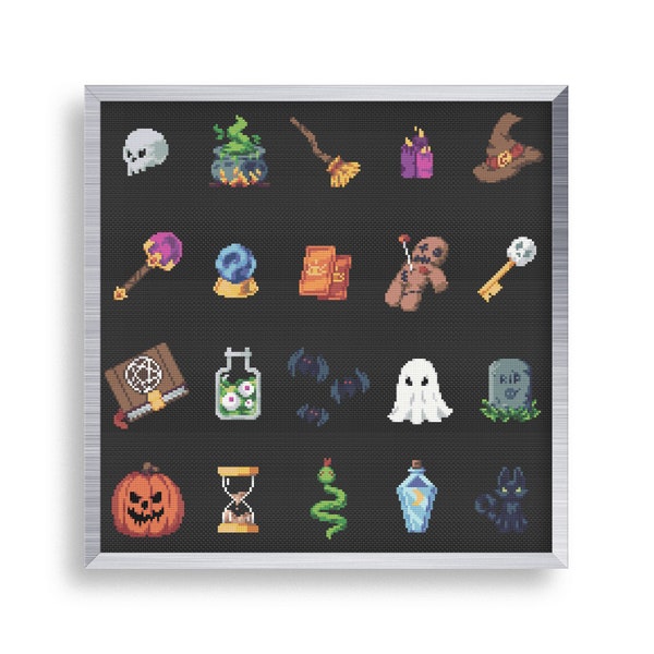 20 Tiny Cross Stitch Witch Magic Set , Mini Cross Stitch Voodoo Doll , Small Easy Skull Stitch Pattern , Goth Ghost Cross Stitch