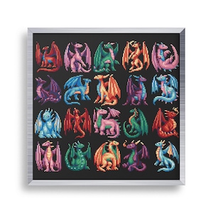 May include: A colourful cross-stitch pattern featuring 20 different dragons in various poses and colours. The dragons are all pixelated and have a retro video game aesthetic.