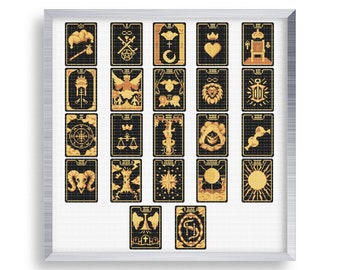 22 Tiny Cross Stitch Tarot Card Set , Mini Golden Tarot Card Stitch Bundle , Small Easy The Tower Stitch Pattern , The Empress Emperor