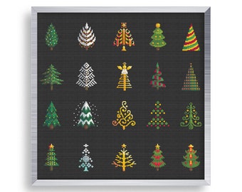 20 Tiny Cross Stitch Christmas Trees Set , Mini Cross Stitch Ornaments , Small Easy Sampler , Simple Cross Stitch Snowflake