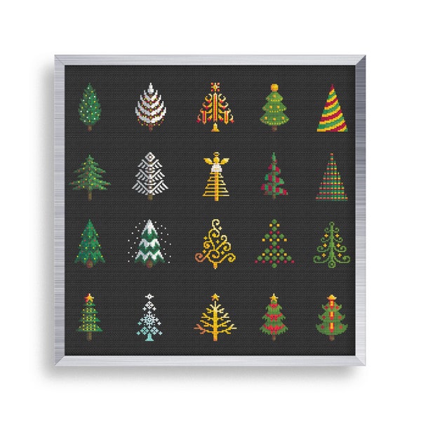 20 Tiny Cross Stitch Christmas Trees Set , Mini Cross Stitch Ornaments , Small Easy Sampler , Simple Cross Stitch Snowflake