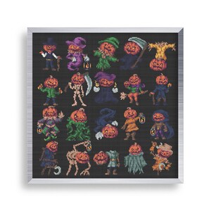 20 Tiny Cross Stitch Jack o Lantern Set , Mini Cross Stitch Halloween Scarcrow , Small Goth Monster Stitch Pattern , Pumpkin Pattern