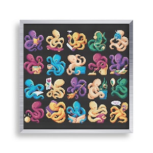 May include: A framed cross-stitch featuring a grid of colorful octopuses. Each octopus is depicted in a different pose, with various objects. The octopuses are in shades of purple, blue, yellow, green, and pink, against a black background.