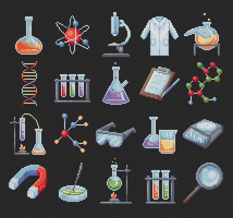 20 Tiny Cross Stitch Lab Elements Set , Mini Cross Stitch Chemistry ...