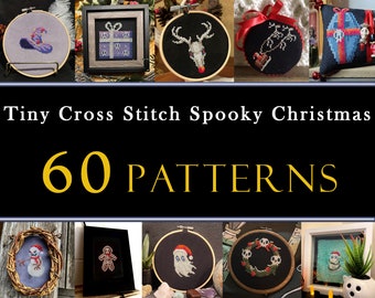 60 Spooky Christmas Cross Stitch Pattern Set , Mini Cross Stitch Santa Ghost , Small Gothic Creepy Wreaths, Spider Stocking