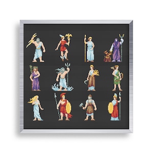 12 kleine Kreuzstich griechische Götter Set, Mini Kreuzstich griechische Mythologie Bundle, kleines einfaches Stichmuster für Anfänger Pack
