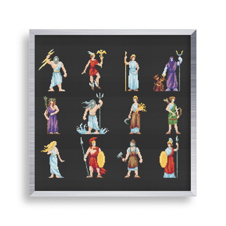 May include: A black and white pixel art illustration of the twelve Olympian gods and goddesses. The gods and goddesses are depicted in their traditional attire and holding their respective symbols. The illustration is framed in a silver frame.