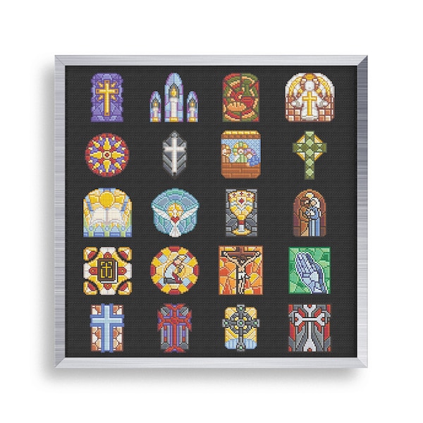 20 Tiny Stained Glass Cross Stitch Pattern Set , Mini Cross Stitch Religious Bundle, Small Nativity Praying Pattern , Jesus Cross Stitch