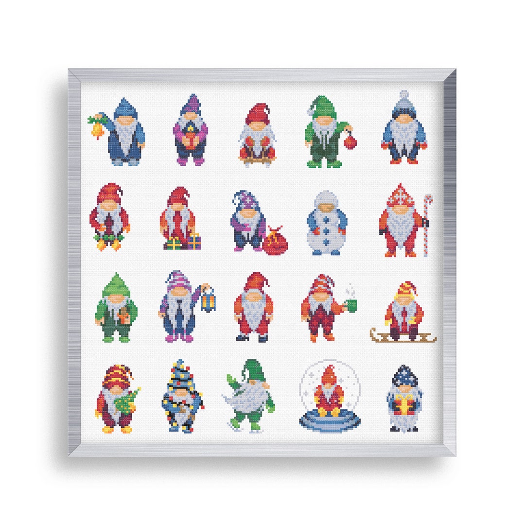 20 Tiny Cross Stitch Christmas Gnome Set , Mini Cross Stitch Xmas Gnome