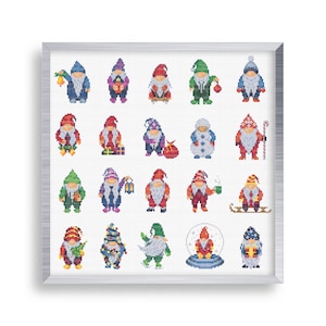 20 Tiny Cross Stitch Christmas Gnome Set , Mini Cross Stitch Xmas Gnome Ornaments Bundle , Small Simple Cross Stitch Beginners