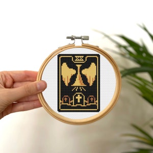 Oordeel Tiny Cross Stitch Tarot Card, Mini Golden Tarot Card Stitch, Klein Easy Stitch Patroon, Gouden Tarot Card Patroon