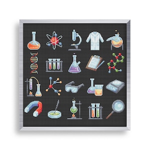 20 kleine Kreuzstich-Laborelemente-Set, Mini-Kreuzstich-Chemie-Röhrchen-Sampler, kleine einfache Laborkittelgläser, Molecule Cross Stitch Tag