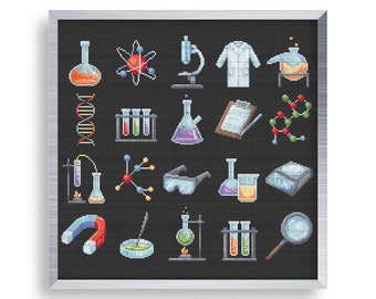 20 Tiny Cross Stitch Lab Elements Set , Mini Cross Stitch Chemistry Tubes Sampler, Small Easy Lab Coat glasses , Molecule Cross Stitch Tag