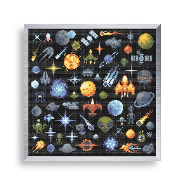 65 Tiny Cross Stitch Space Elements , Mini Cross Stitch Planets , Small Falling Stars Easy Embrodiery , Simple Satellite Si-Fi Pattern