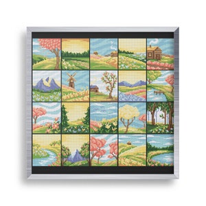 Pode incluir: Um desenho de ponto cruz enquadrado com 16 cenas diferentes de uma paisagem campestre com casas, moinhos de vento, árvores e flores. As cenas estão dispostas em uma grade e todas em uma paleta de cores pastel.