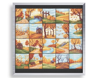 20 Tiny Cross Stitch Fall landscapes Set , Mini Cross Autumn Nature Bundle , Small Easy Fall Leaves Patterns , River Patterns for Beginners