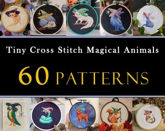60 Tiny Cross Stitch Magic Animals Set , Mini Cross Stitch Wizard Axolotl , Small Fantasy DND Patterns , Cat Stitch Pattern , Fox Pattern