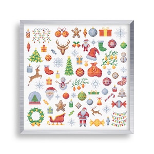 Könnte beinhalten: Ein weißer Hintergrund mit einem silbernen Rahmen, der eine Sammlung bunter Weihnachts-Icons umgibt. Die Icons beinhalten einen Schneemann, den Weihnachtsmann, ein Rentier, einen Weihnachtsbaum, Weihnachtskugeln, Geschenke, Zuckerstangen und mehr.