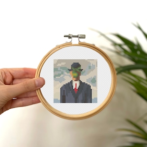 The Son of Man Tiny Cross Stitch Painting , Mini Cross Stitch Pattern , Small Easy Beginners Stitch Pattern ,  René Magritte Cross Stitch