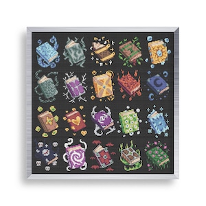 20 Tiny Cross Stitch Magic Book Set , Mini Cross Stitch RPG Bundle , Small Easy DND Game Stitch Pattern , Fantasy Cross Stitch