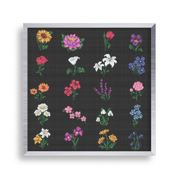 20 Tiny Cross Stitch Flowers Set , Mini Cross Stitch Rose Sampler , Small Easy Lily Pattern Bundle , Simple Cross Stitch Lotus Tag