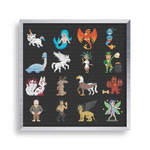 May include: A framed cross-stitch design featuring 16 different mythical creatures, including a unicorn, mermaid, phoenix, genie, and more. Each creature is depicted in a pixelated style, with vibrant colours and intricate details.