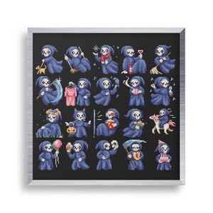 20 Tiny Grim Reapers Cross Stitch Mini Pattern Set , Tiny Cross Stitch Cute Halloween , Small Funny Grim Reaper Gothic Goth Patterns