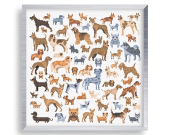 May include: A framed cross-stitch design featuring a variety of dog breeds in a pixelated style. The dogs are depicted in various poses and colors, including brown, black, white, and gray.