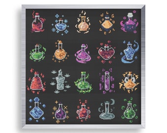 20 Tiny Cross Stitch Magic Potions Set , Mini Cross Stitch RPG , Small Easy Love Game Stitch Pattern , Goth Cross Stitch