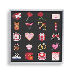 May include: A black and white pixel art illustration of 16 Valentine's Day themed icons. The icons include a teddy bear, a heart-shaped cookie, a gift box, a love letter, a candle, a swan, a ring, a cupcake, a heart-shaped lollipop, a coffee mug, a bow and arrow, a heart-shaped cake, a treasure chest, a calendar with the date February 14th, and a pair of champagne glasses.