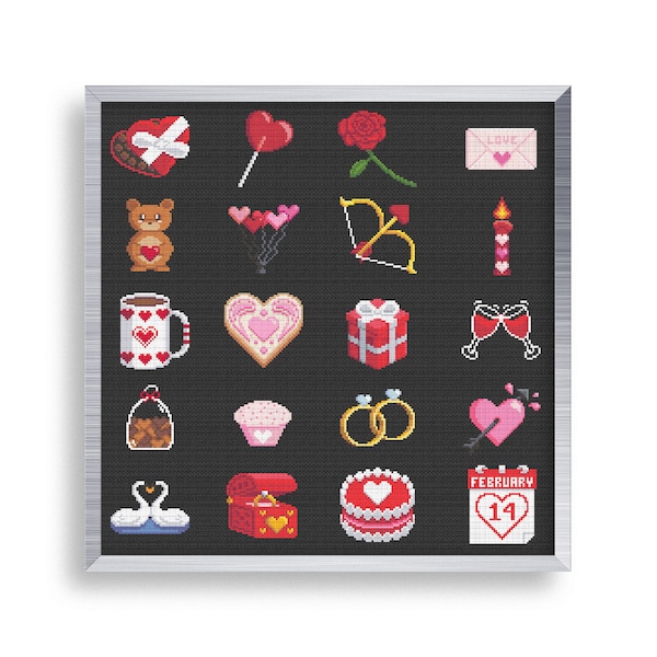 20 Tiny Cross Stitch Valentines Day Set , Mini Cross Stitch Love Bundle , Small Easy Heart Stitch Pattern Gift , Teddy Bear Cross Stitch