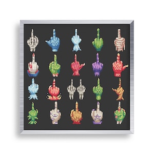 May include: A framed digital art print featuring 16 different pixelated middle finger designs in various colors and styles. The background is black.