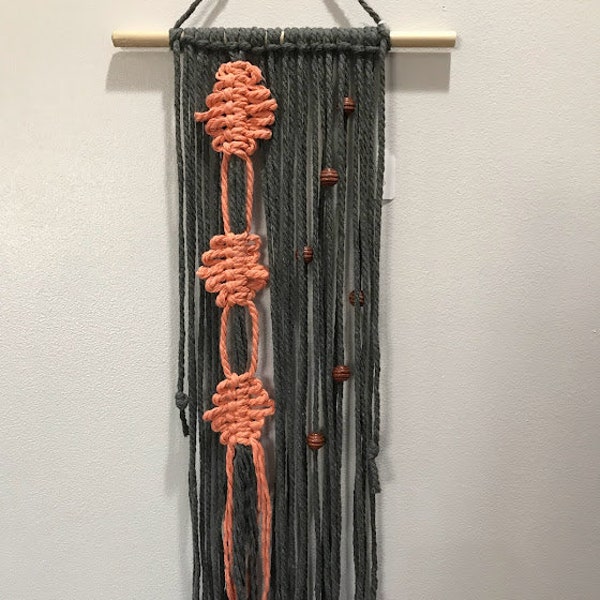 macramé, corail, gris anthracite, suspension murale, perles de bois