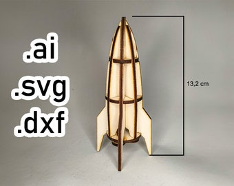 simple toy rocket model for laser cut, ai svg dxf file, DIY 3D vector model 3mm plywood, no glue, easy build