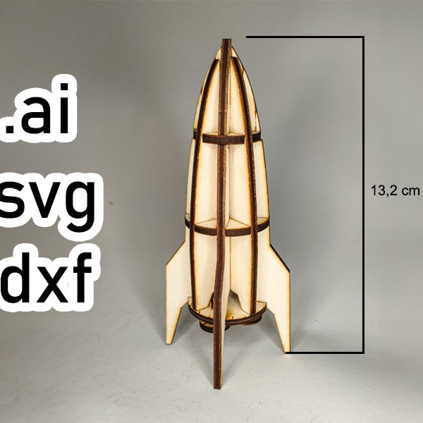 simple toy rocket model for laser cut, ai svg dxf file, DIY 3D vector model 3mm plywood, no glue, easy build