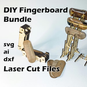 May include: DIY Fingerboard Bundle Laser Cut Files - SVG, AI, DXF. This set includes multiple fingerboards, a fingerboard ramp, and a fingerboard stand. The fingerboards are made of wood and have a natural finish.